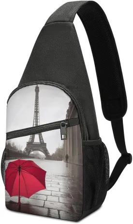 Eiffel Tower Paris Street Red Umbrella Sling Bag Lightweight Crossbody Shoulder Backpacks Hiking Travel Daypack Chest Bag for Women Men