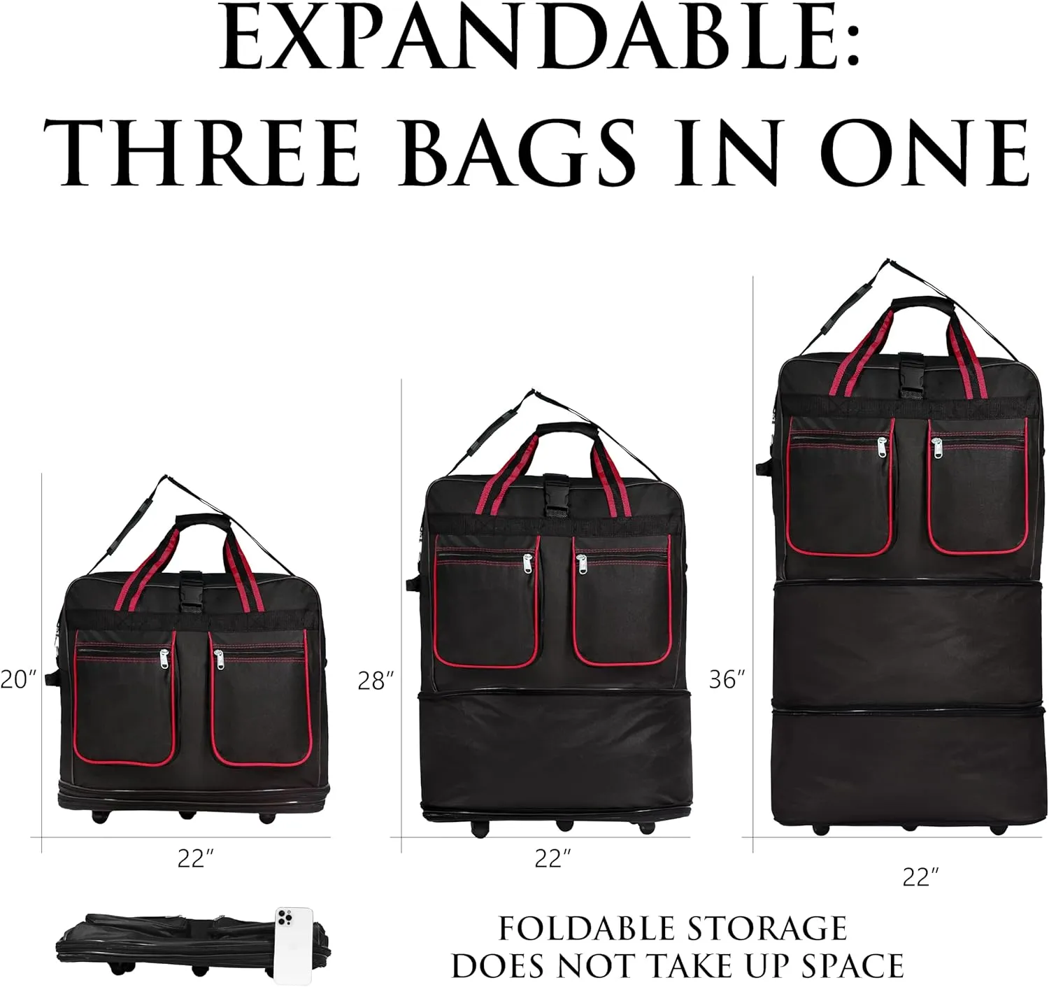 Expandable Lightweight Duffle Bag (36"") Rolling wheeled Spinner Suitcase Luggage for Travel and Storage (Black with Red Trim), Wheelbag36