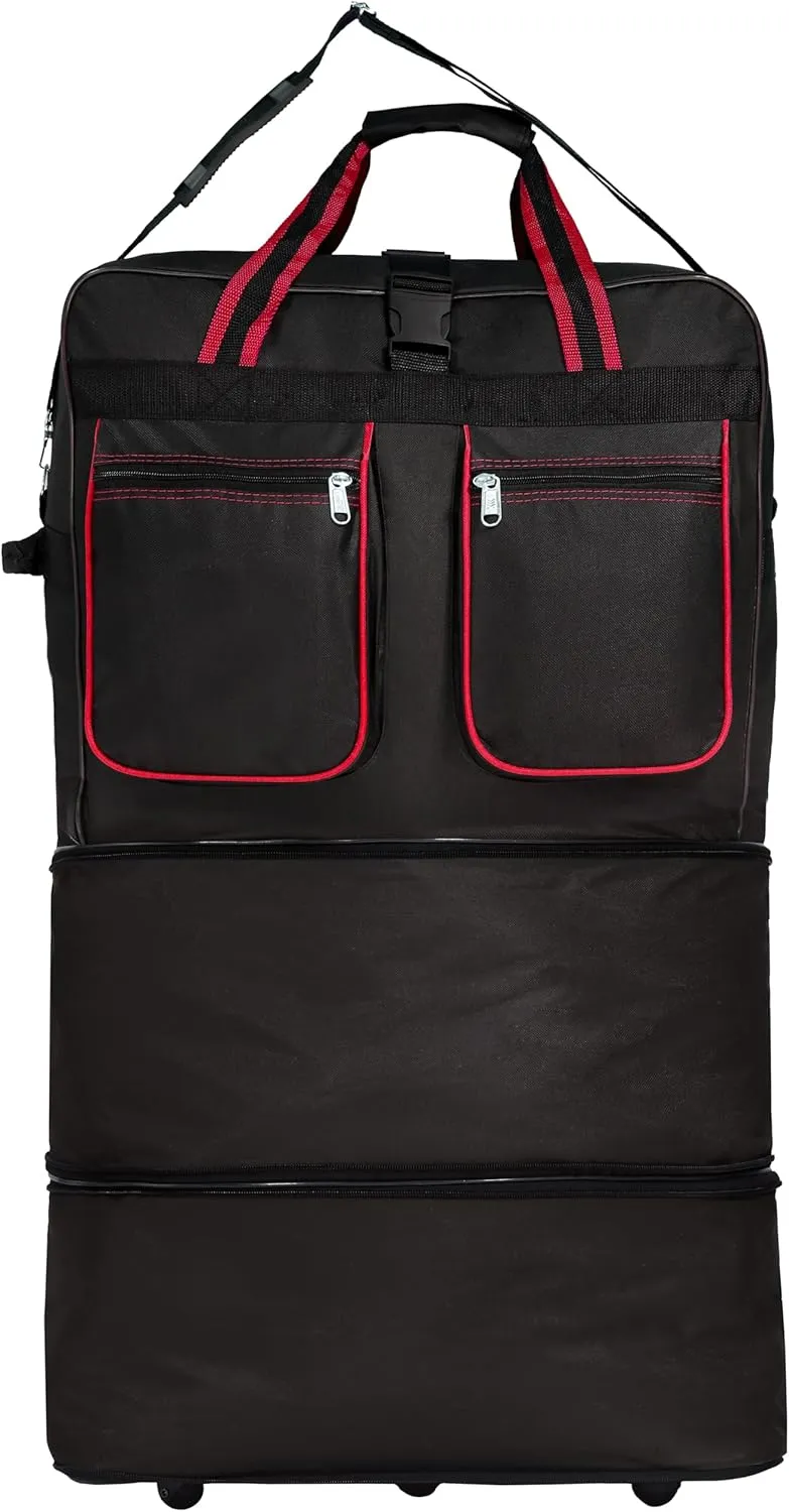 Expandable Lightweight Duffle Bag (36"") Rolling wheeled Spinner Suitcase Luggage for Travel and Storage (Black with Red Trim), Wheelbag36