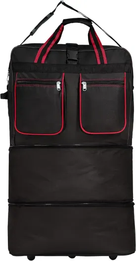 Expandable Lightweight Duffle Bag (36"") Rolling wheeled Spinner Suitcase Luggage for Travel and Storage (Black with Red Trim), Wheelbag36