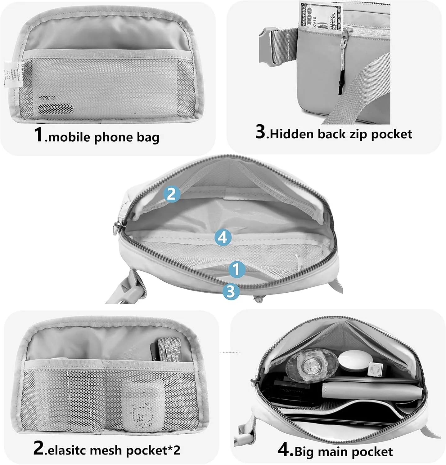 Fanny Belt Bag Waist Pack Crossbody Bags Bum Bag for Running Hiking Travel Workout Adjustable Strap for Women -grey