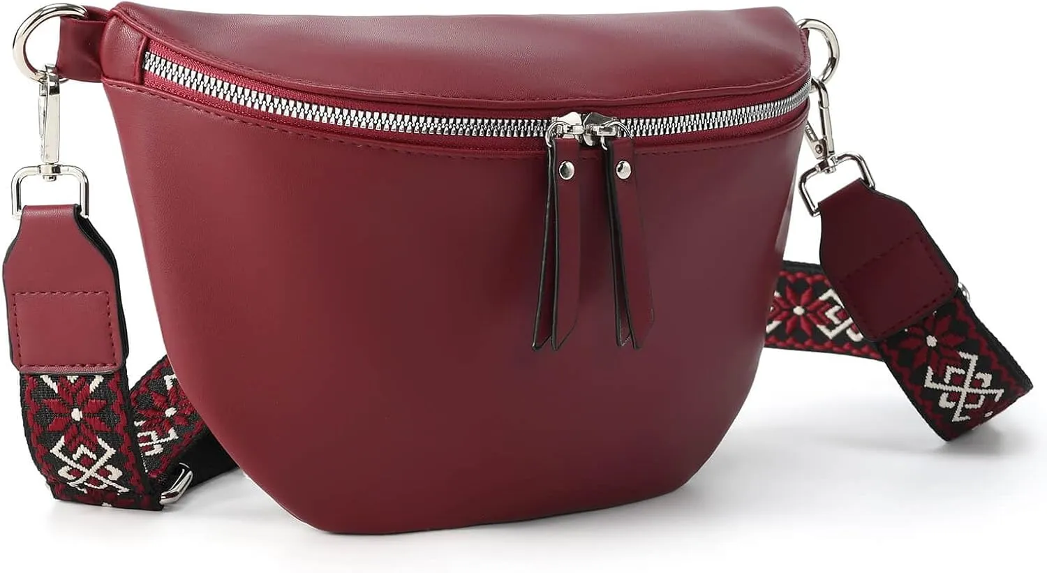 Fanny Pack Cross Body Belt Bag With Guitar Strap - PU Leather Crossbody Bag for Women, Trendy Cute Designer Bum Bag for Travel Everyday (Burgundy)