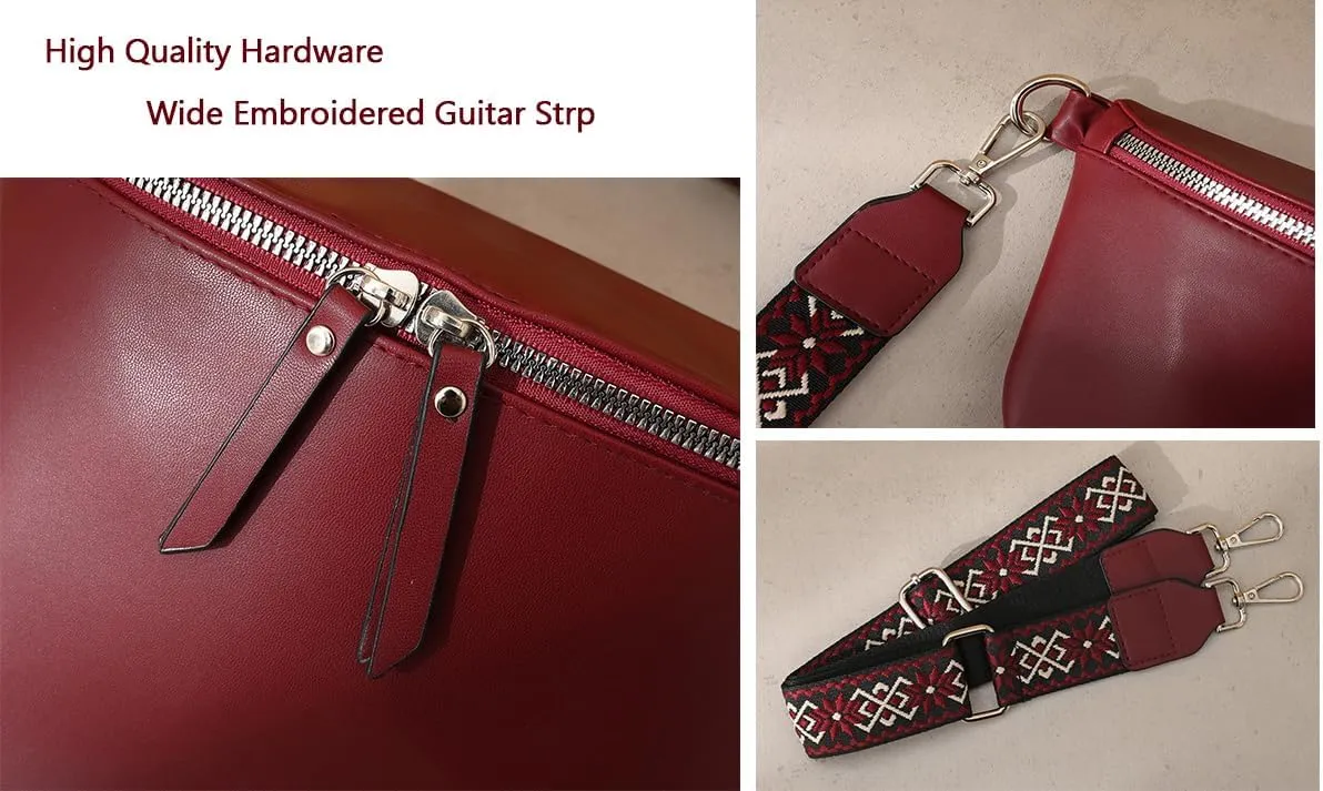 Fanny Pack Cross Body Belt Bag With Guitar Strap - PU Leather Crossbody Bag for Women, Trendy Cute Designer Bum Bag for Travel Everyday (Burgundy)
