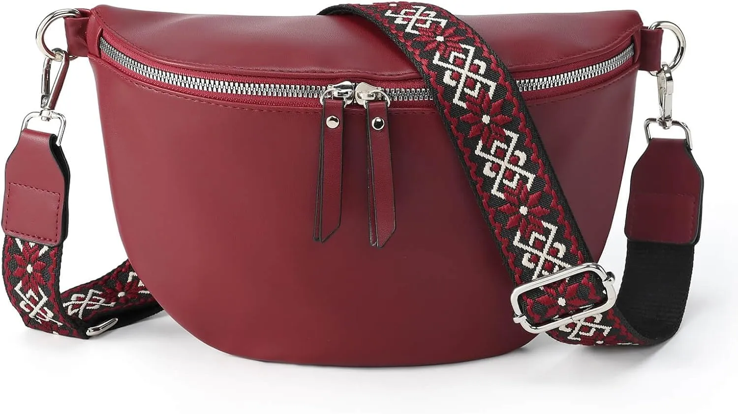 Fanny Pack Cross Body Belt Bag With Guitar Strap - PU Leather Crossbody Bag for Women, Trendy Cute Designer Bum Bag for Travel Everyday (Burgundy)
