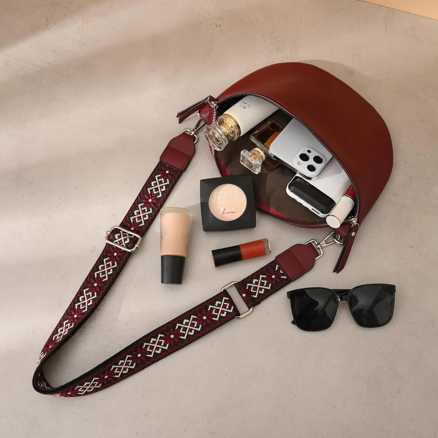 Fanny Pack Cross Body Belt Bag With Guitar Strap - PU Leather Crossbody Bag for Women, Trendy Cute Designer Bum Bag for Travel Everyday (Burgundy)