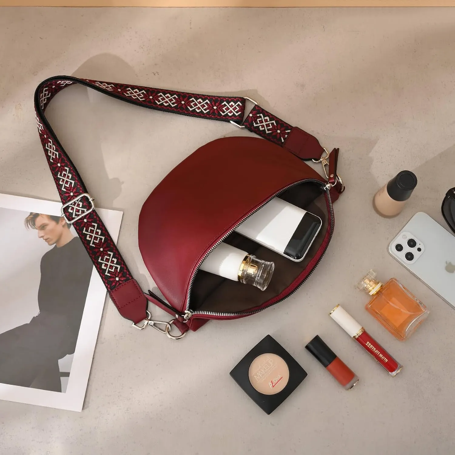 Fanny Pack Cross Body Belt Bag With Guitar Strap - PU Leather Crossbody Bag for Women, Trendy Cute Designer Bum Bag for Travel Everyday (Burgundy)