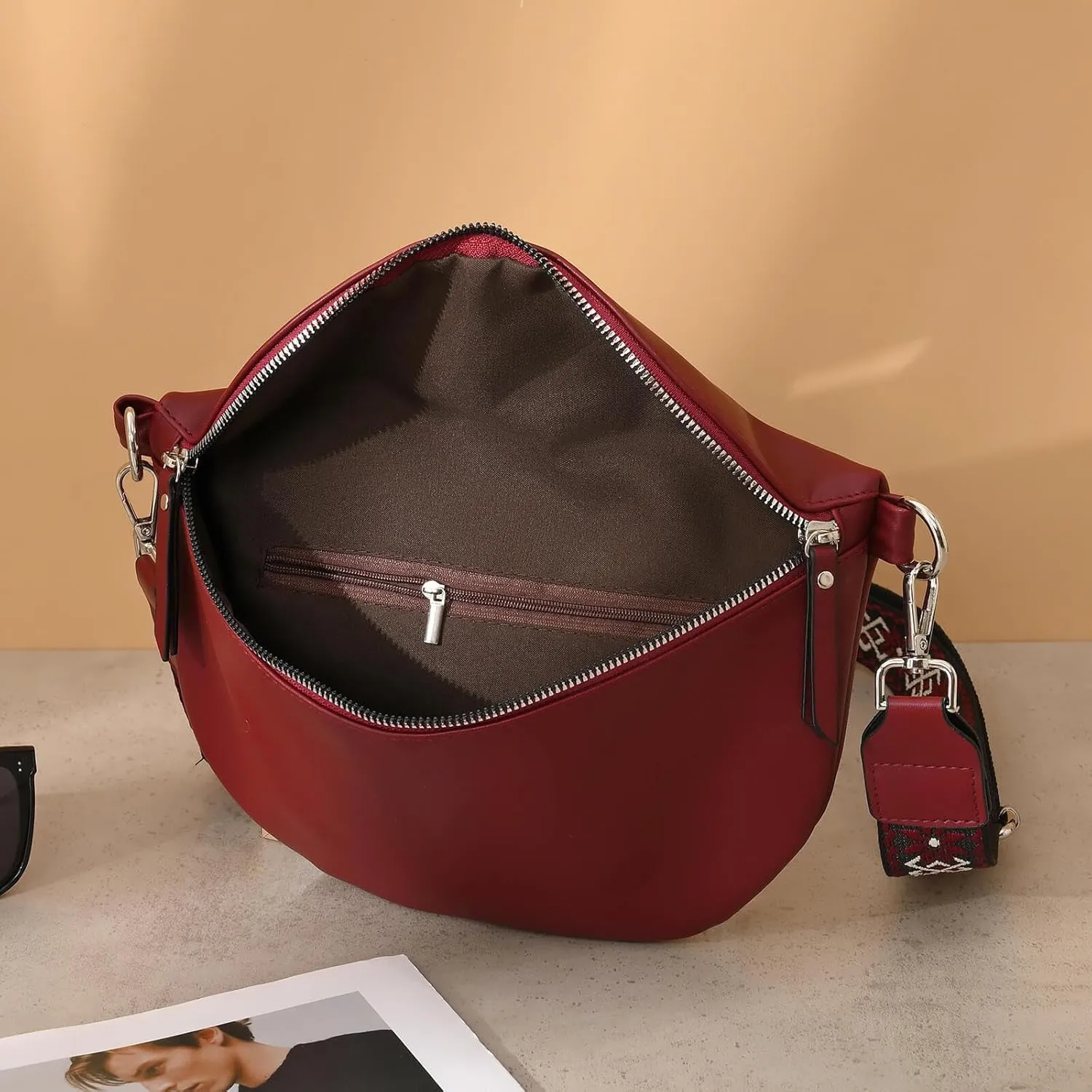 Fanny Pack Cross Body Belt Bag With Guitar Strap - PU Leather Crossbody Bag for Women, Trendy Cute Designer Bum Bag for Travel Everyday (Burgundy)