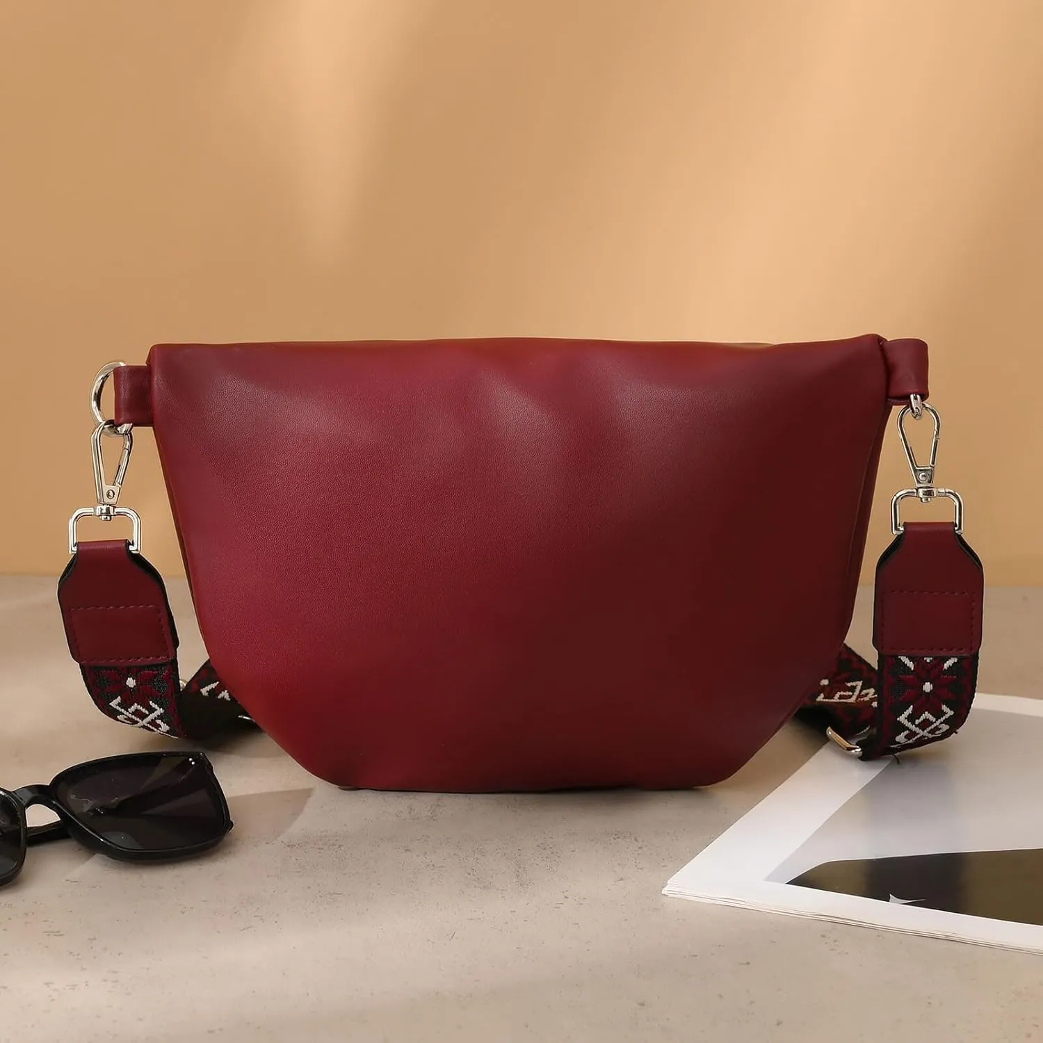 Fanny Pack Cross Body Belt Bag With Guitar Strap - PU Leather Crossbody Bag for Women, Trendy Cute Designer Bum Bag for Travel Everyday (Burgundy)