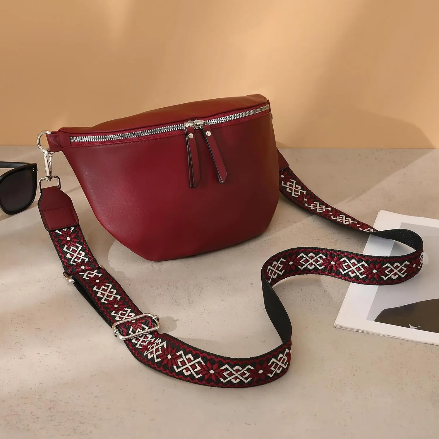 Fanny Pack Cross Body Belt Bag With Guitar Strap - PU Leather Crossbody Bag for Women, Trendy Cute Designer Bum Bag for Travel Everyday (Burgundy)
