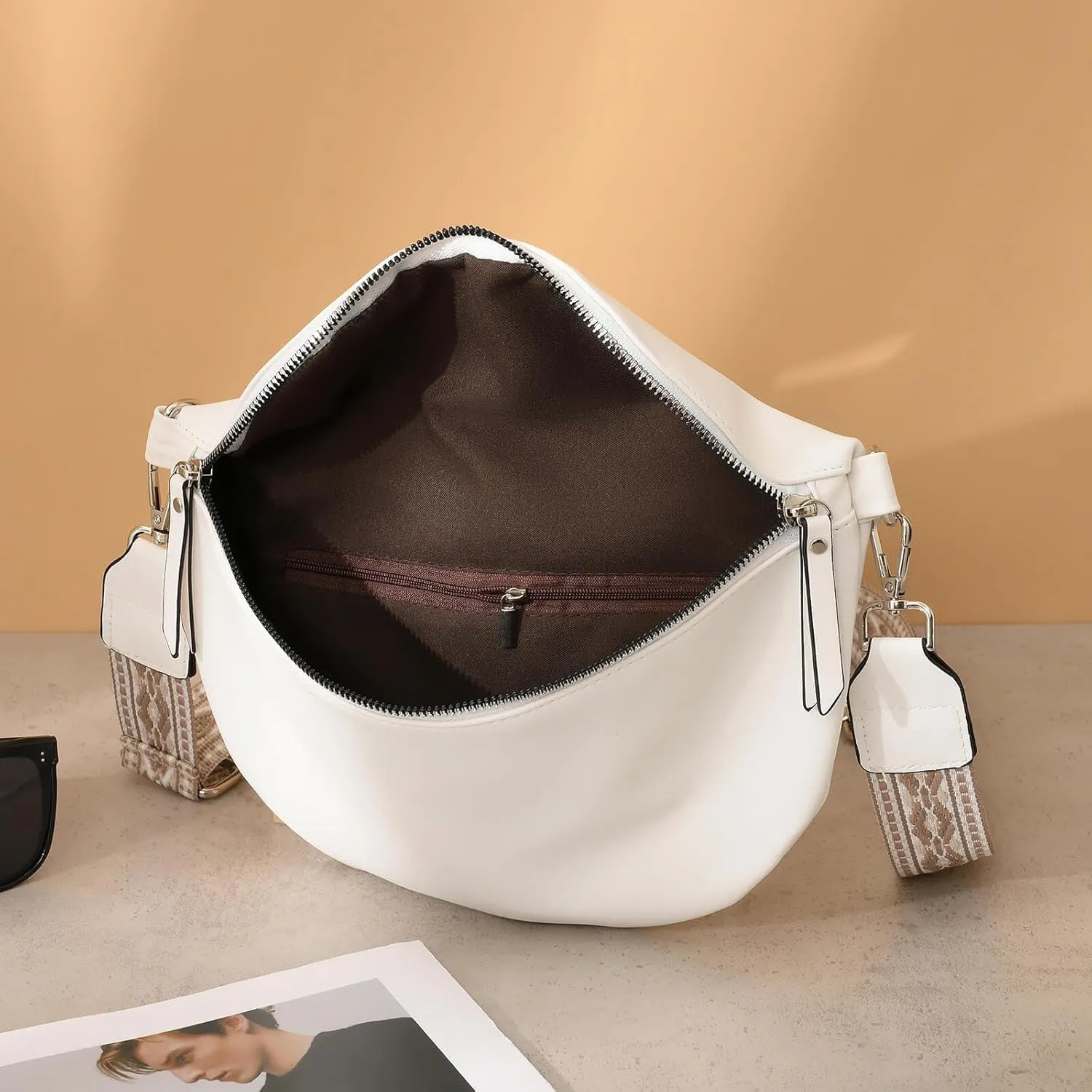 Fanny Pack Cross Body Belt Bag With Guitar Strap - PU Leather Crossbody Bag for Women, Trendy Cute Designer Bum Bag for Travel Everyday (White)