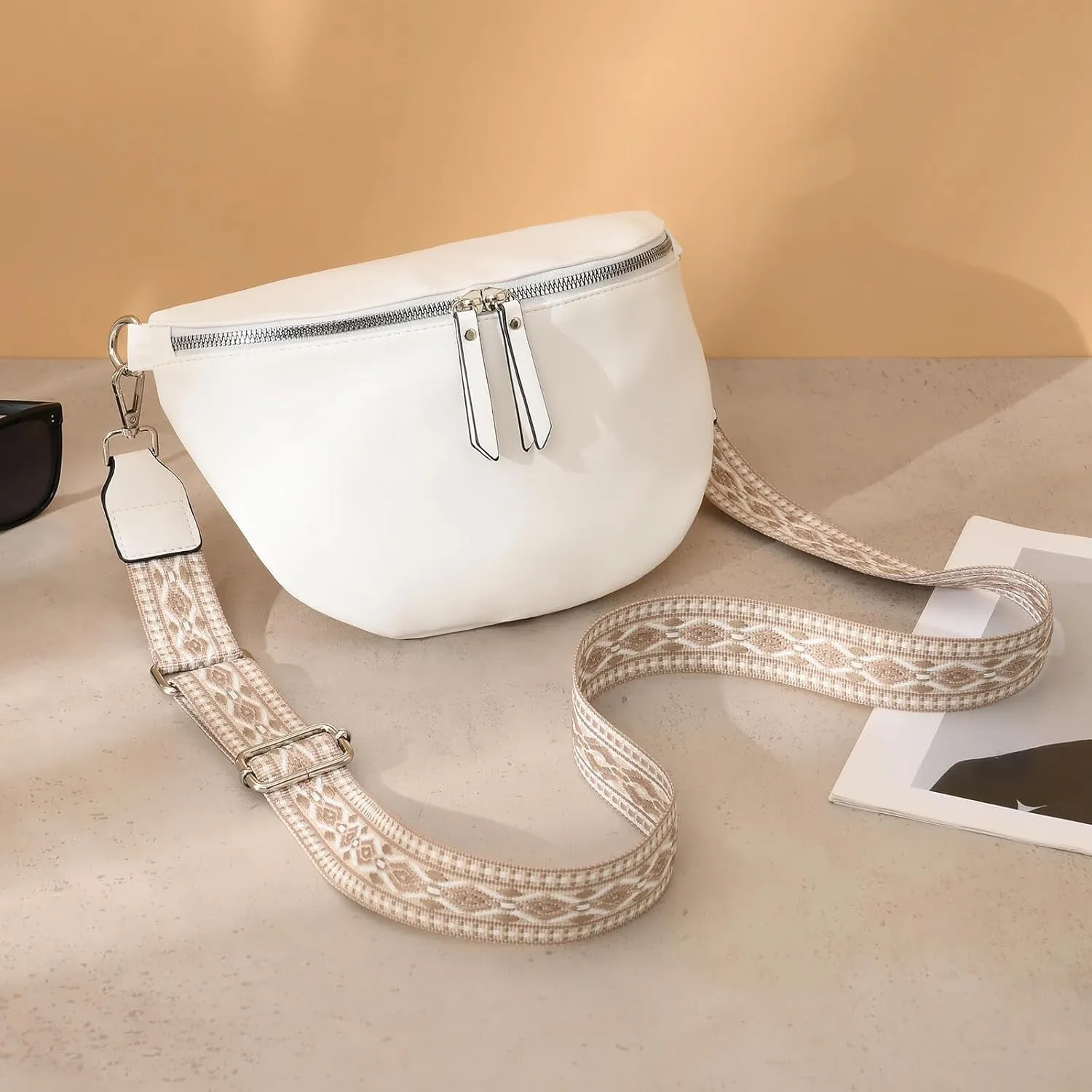 Fanny Pack Cross Body Belt Bag With Guitar Strap - PU Leather Crossbody Bag for Women, Trendy Cute Designer Bum Bag for Travel Everyday (White)