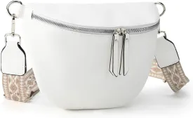 Fanny Pack Cross Body Belt Bag With Guitar Strap - PU Leather Crossbody Bag for Women, Trendy Cute Designer Bum Bag for Travel Everyday (White)