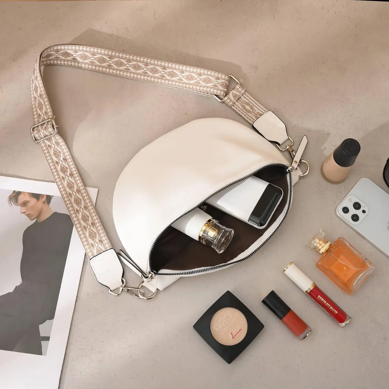 Fanny Pack Cross Body Belt Bag With Guitar Strap - PU Leather Crossbody Bag for Women, Trendy Cute Designer Bum Bag for Travel Everyday (White)