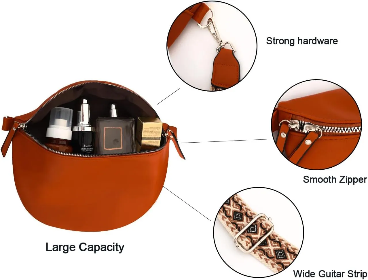 Fanny Packs Crossbody Bags with Guitar Strap PU Leather Trendy Designer Bum Bags for Travel Everyday (Brown)