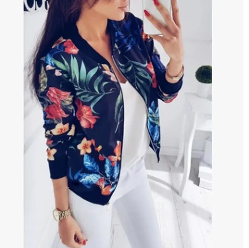 Fashion Printed Varsity Round Neck Zipper Long Sleeve Coat | Brodtica.com