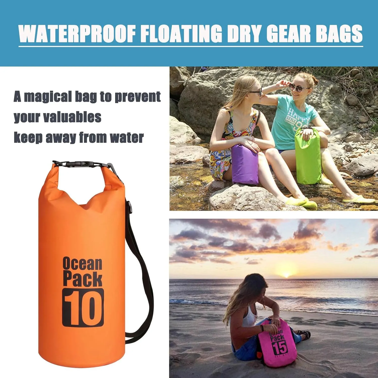 Floating Waterproof Dry Bag Backpack 5L/10L/20L, Roll Top Bag for Kayaking, Rafting, Boating, Swimming, Camping, Hiking, Beach, Fishing, Waterproof Beach Bag. (Orange, 20L)