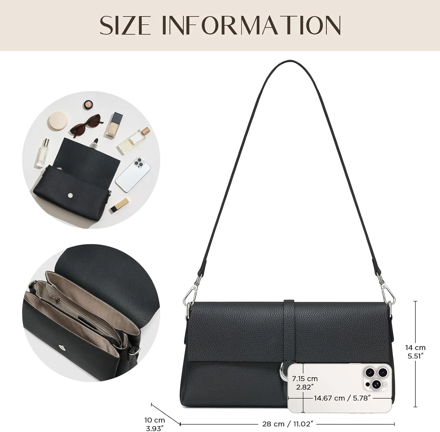 Genuine Leather Clutch Purses for Women Shoulder Bag Trendy Top-Handle Handbags with 2 Adjustable Straps
