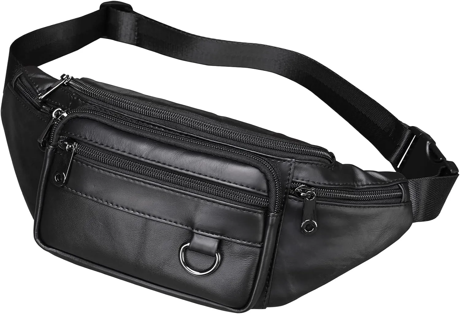 Genuine Leather Fanny Pack Well Made Durable Leather Waist Bag with Lots of Zipper Pockets Black