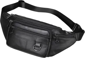 Genuine Leather Fanny Pack Well Made Durable Leather Waist Bag with Lots of Zipper Pockets Black