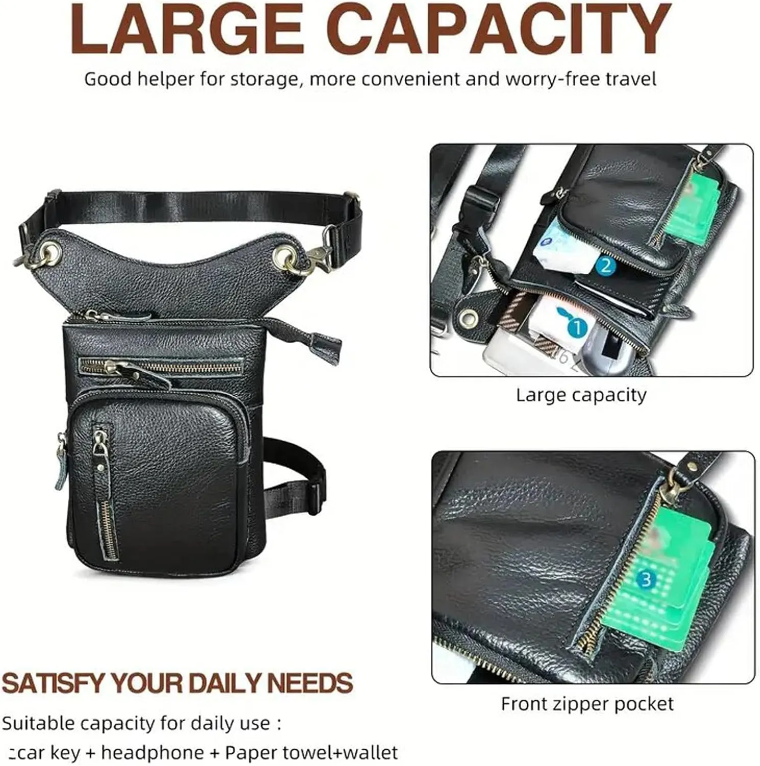 Genuine Leather Waist Pack Drop Leg Bag for Men Women Belt Bumbag Multi-Purpose Motorcycle Bike Outdoor Sporting Hicking Waist Hip Pack Messenger Shoulder Bags