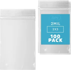 GPI- Clear Plastic Reclosable Zip Poly Bags, Case of 100, 2 Mil Thick, 2 Inch x 3 Inch, For Travel, Storage, Shipping