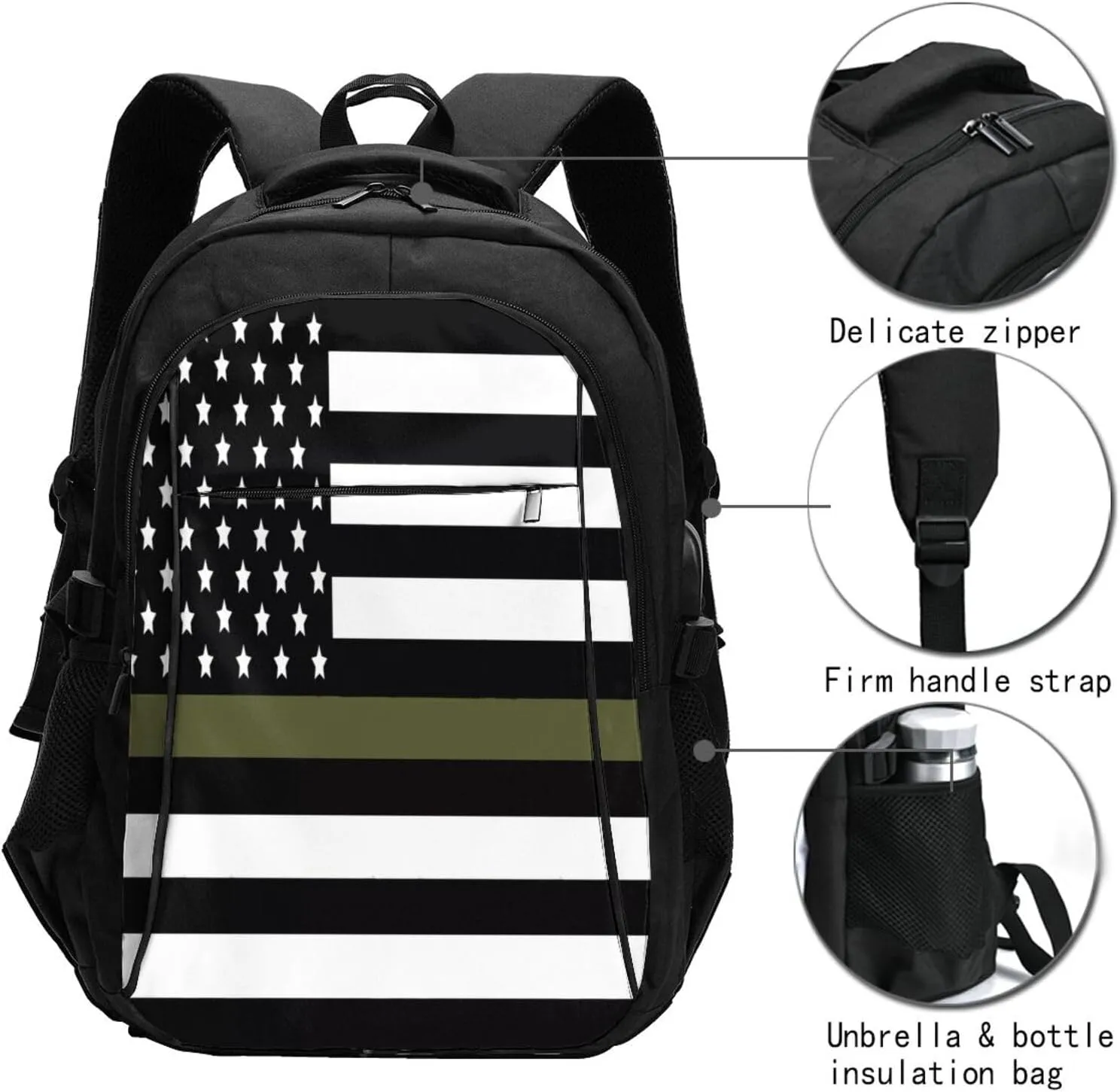 Green Thin Line American Flag Travel Backpack Laptop Backpacks Business Rucksack Outdoor Daypack Large Sport Bag with Luggage Strap USB Charging Port for Hiking Working