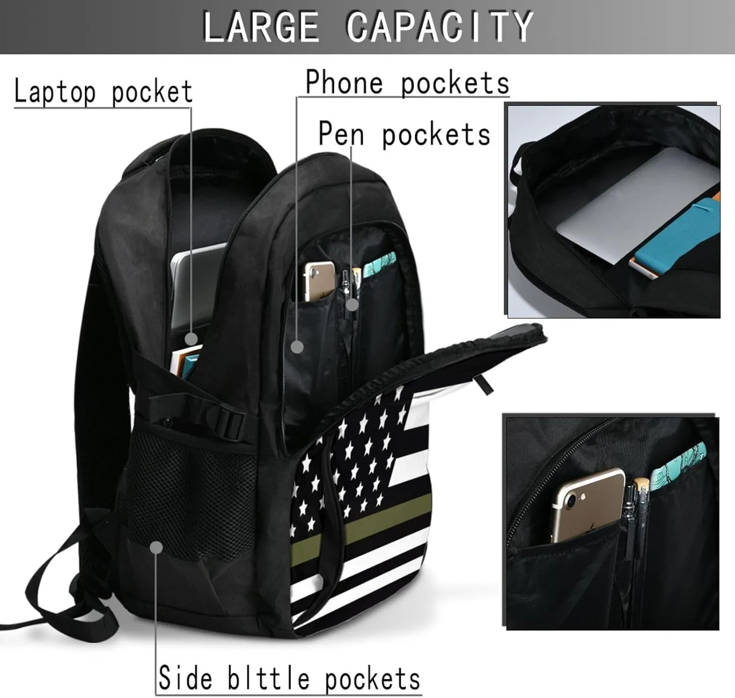 Green Thin Line American Flag Travel Backpack Laptop Backpacks Business Rucksack Outdoor Daypack Large Sport Bag with Luggage Strap USB Charging Port for Hiking Working