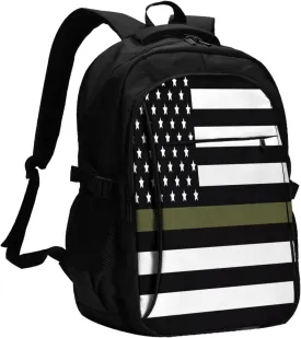 Green Thin Line American Flag Travel Backpack Laptop Backpacks Business Rucksack Outdoor Daypack Large Sport Bag with Luggage Strap USB Charging Port for Hiking Working