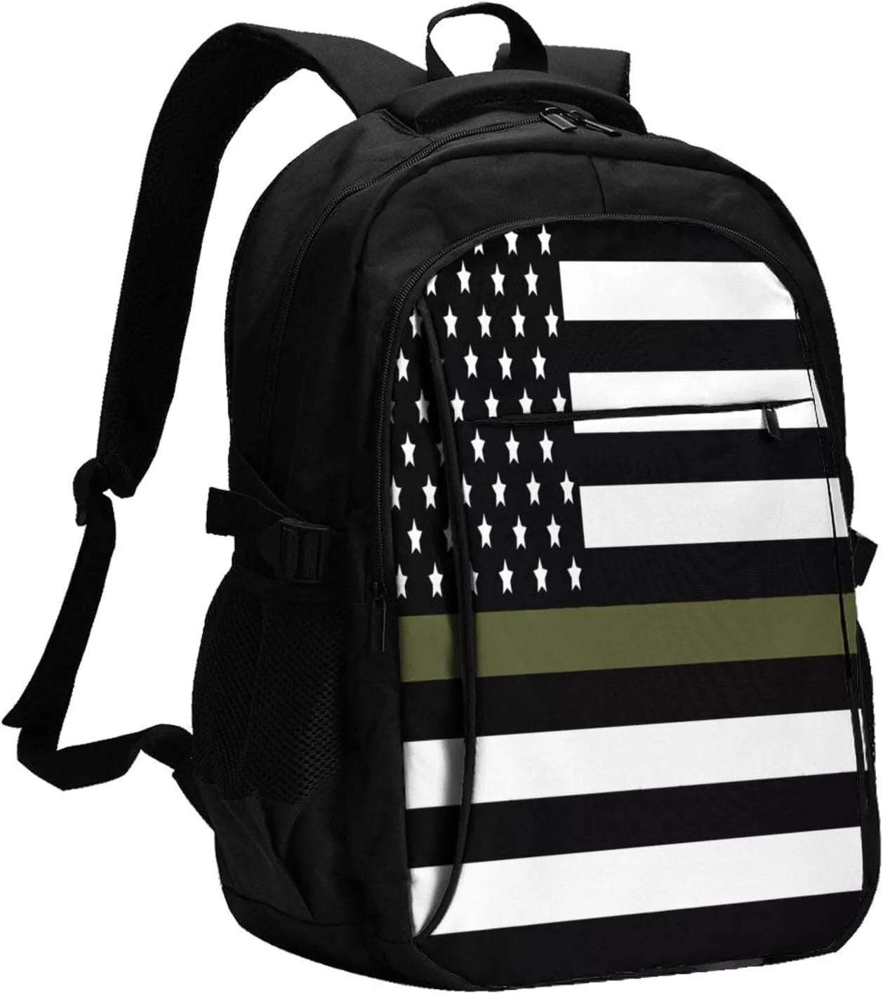 Green Thin Line American Flag Travel Backpack Laptop Backpacks Business Rucksack Outdoor Daypack Large Sport Bag with Luggage Strap USB Charging Port for Hiking Working