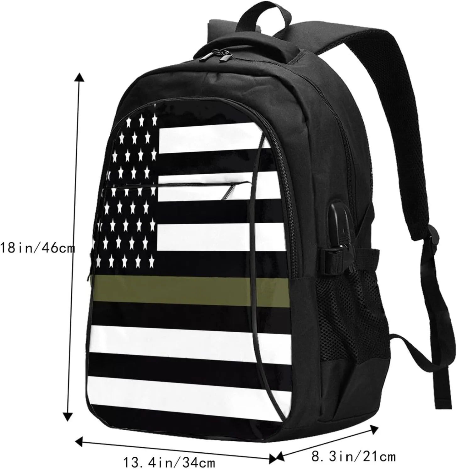 Green Thin Line American Flag Travel Backpack Laptop Backpacks Business Rucksack Outdoor Daypack Large Sport Bag with Luggage Strap USB Charging Port for Hiking Working