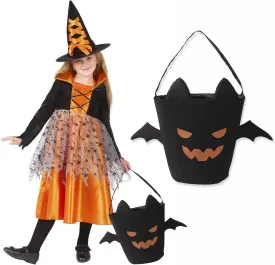 Halloween Trick or Treat Bucket Candy Bag for Kids, Large Portable Canvas Black Demon Bat Collapsible Reusable Goody Bucket