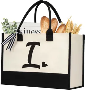 Initial Canvas Tote Bag, Personalized Beach Jute Bag Present for Women Holiday,Friends Birthday Gift,Wedding, New Year