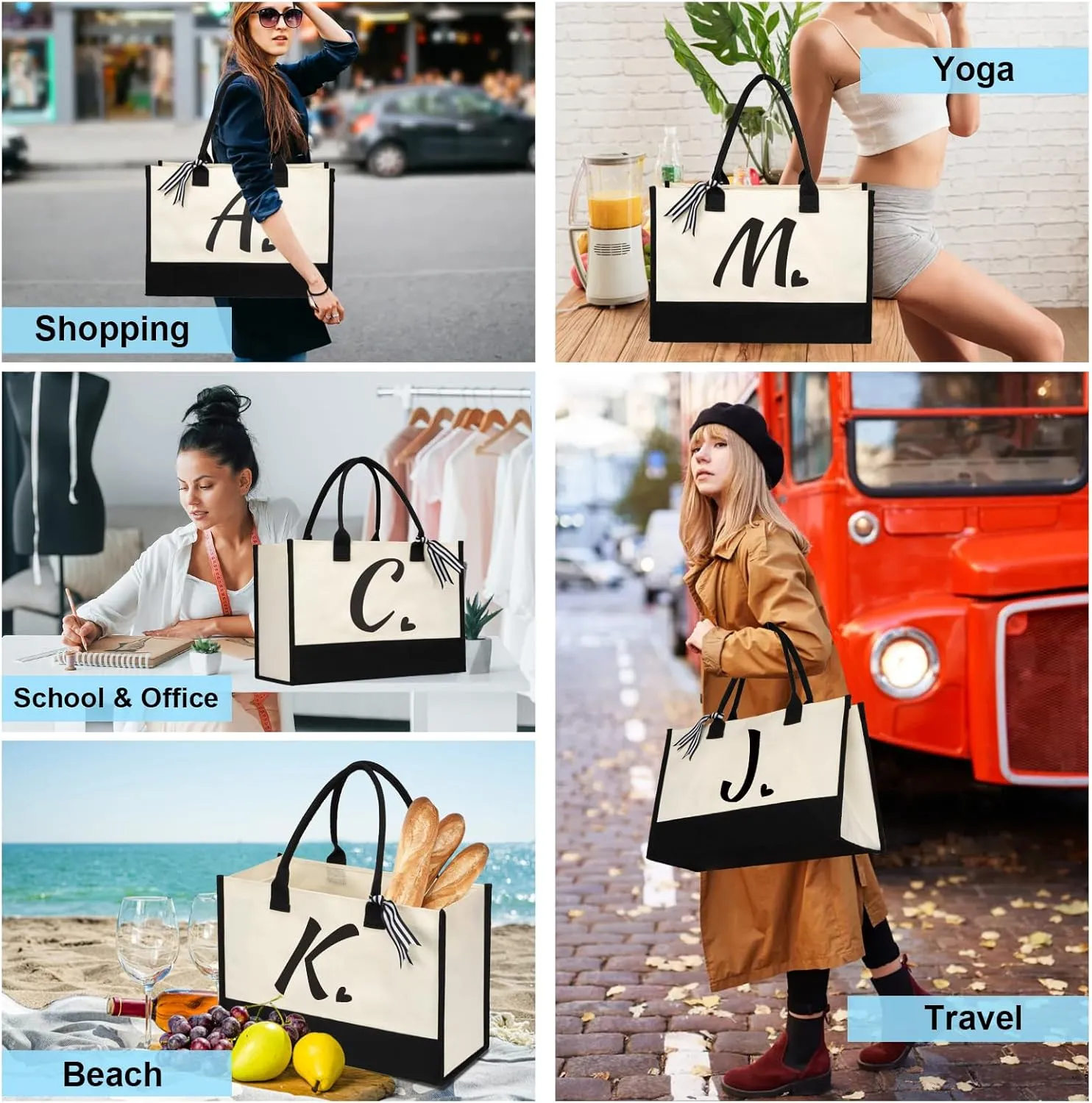 Initial Canvas Tote Bag, Personalized Beach Jute Bag Present for Women Holiday,Friends Birthday Gift,Wedding, New Year