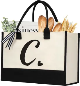 Initial Canvas Tote Bag, Personalized Beach Jute Bag Present for Women Holiday,Friends Birthday Gift,Wedding, New Year