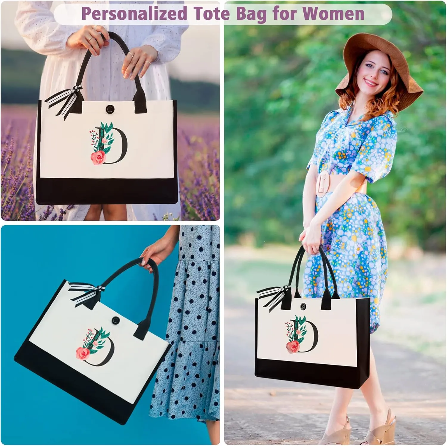 Initial Canvas Tote Bag, Personalized Birthday Gifts for Women Mom Friends Teachers, Monogrammed Tote Bags Suitable for Mother's Day Wedding Beach (Letter D)