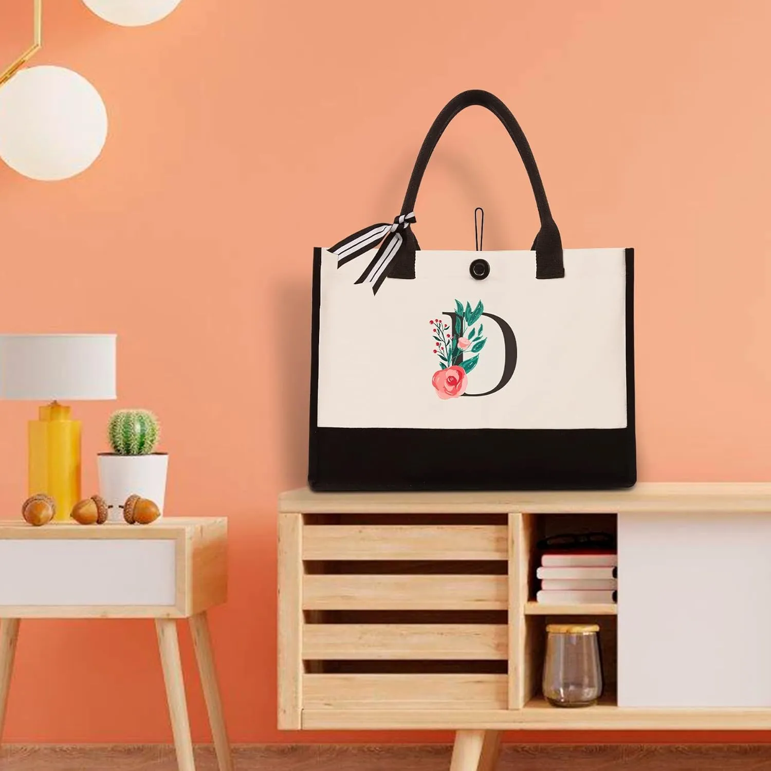 Initial Canvas Tote Bag, Personalized Birthday Gifts for Women Mom Friends Teachers, Monogrammed Tote Bags Suitable for Mother's Day Wedding Beach (Letter D)