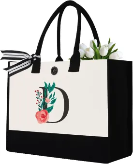 Initial Canvas Tote Bag, Personalized Birthday Gifts for Women Mom Friends Teachers, Monogrammed Tote Bags Suitable for Mother's Day Wedding Beach (Letter D)