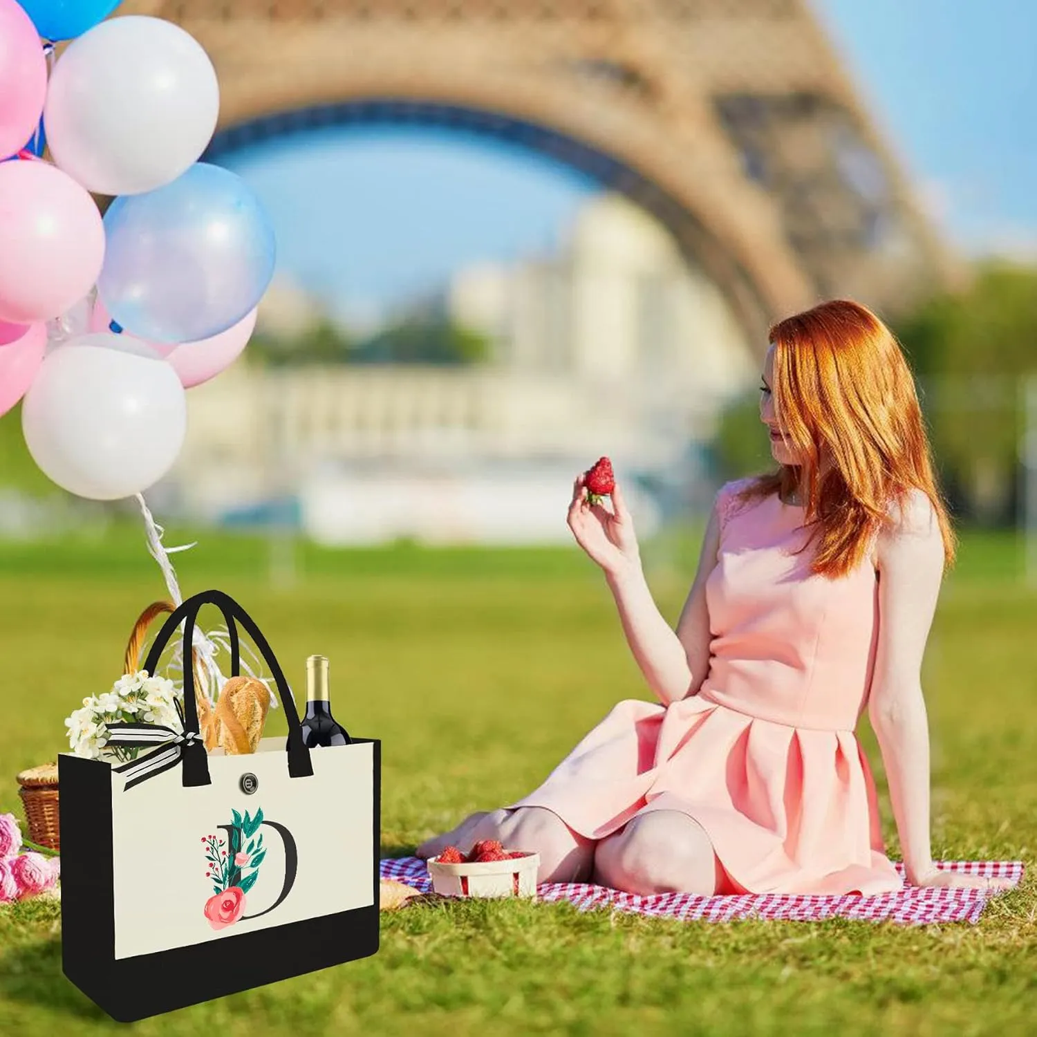 Initial Canvas Tote Bag, Personalized Birthday Gifts for Women Mom Friends Teachers, Monogrammed Tote Bags Suitable for Mother's Day Wedding Beach (Letter D)