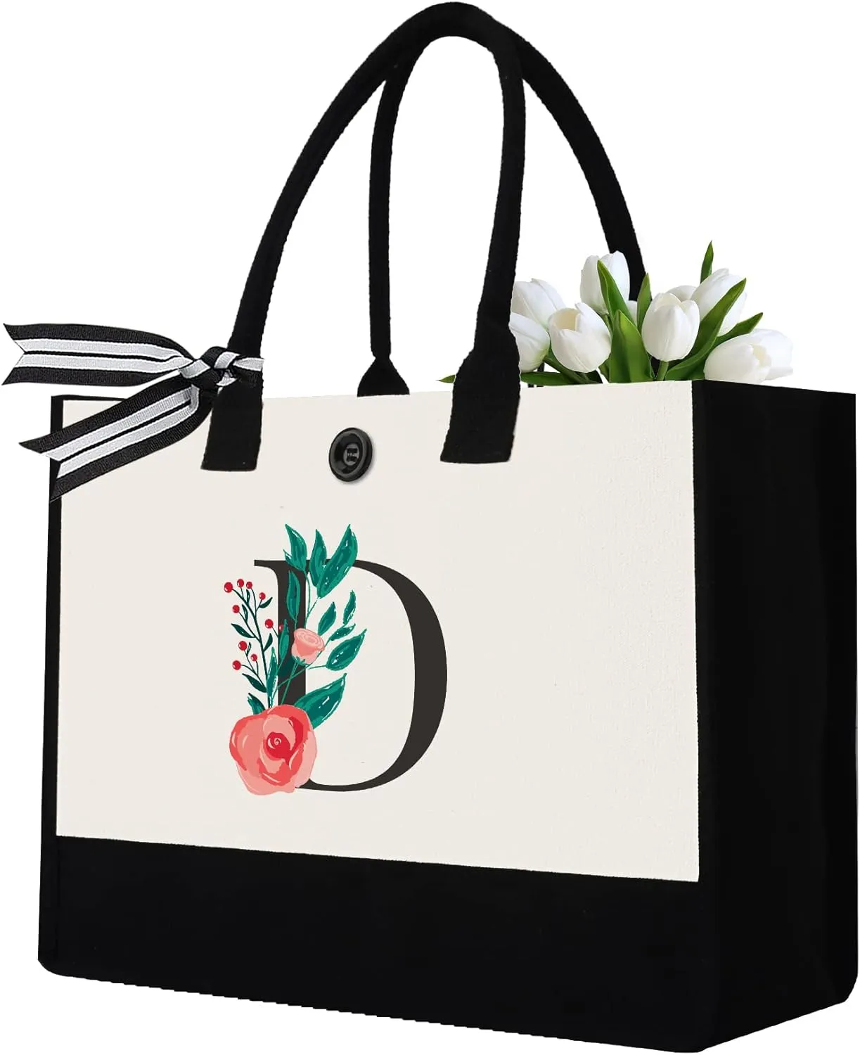 Initial Canvas Tote Bag, Personalized Birthday Gifts for Women Mom Friends Teachers, Monogrammed Tote Bags Suitable for Mother's Day Wedding Beach (Letter D)