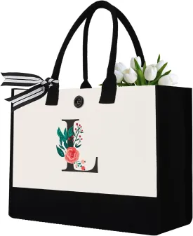 Initial Canvas Tote Bag, Personalized Birthday Gifts for Women Mom Friends Teachers, Monogrammed Tote Bags Suitable for Mother's Day Wedding Beach (Letter L)