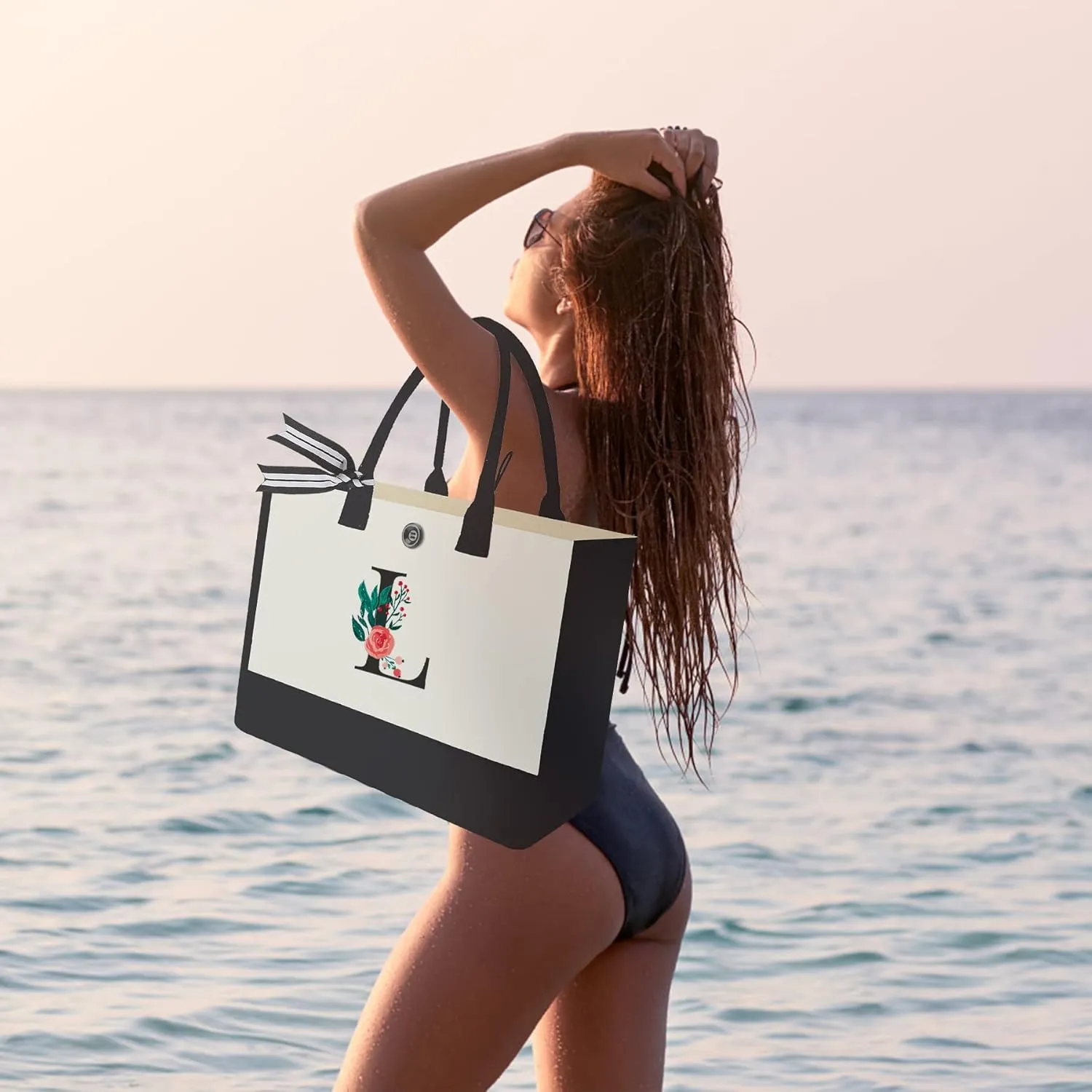 Initial Canvas Tote Bag, Personalized Birthday Gifts for Women Mom Friends Teachers, Monogrammed Tote Bags Suitable for Mother's Day Wedding Beach (Letter L)