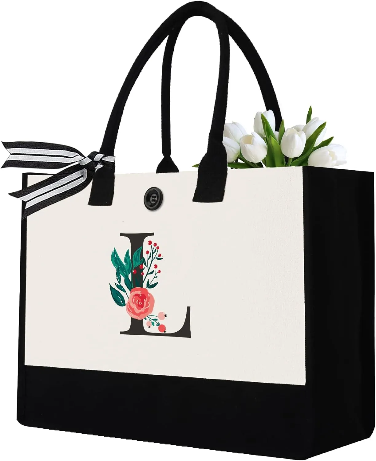Initial Canvas Tote Bag, Personalized Birthday Gifts for Women Mom Friends Teachers, Monogrammed Tote Bags Suitable for Mother's Day Wedding Beach (Letter L)