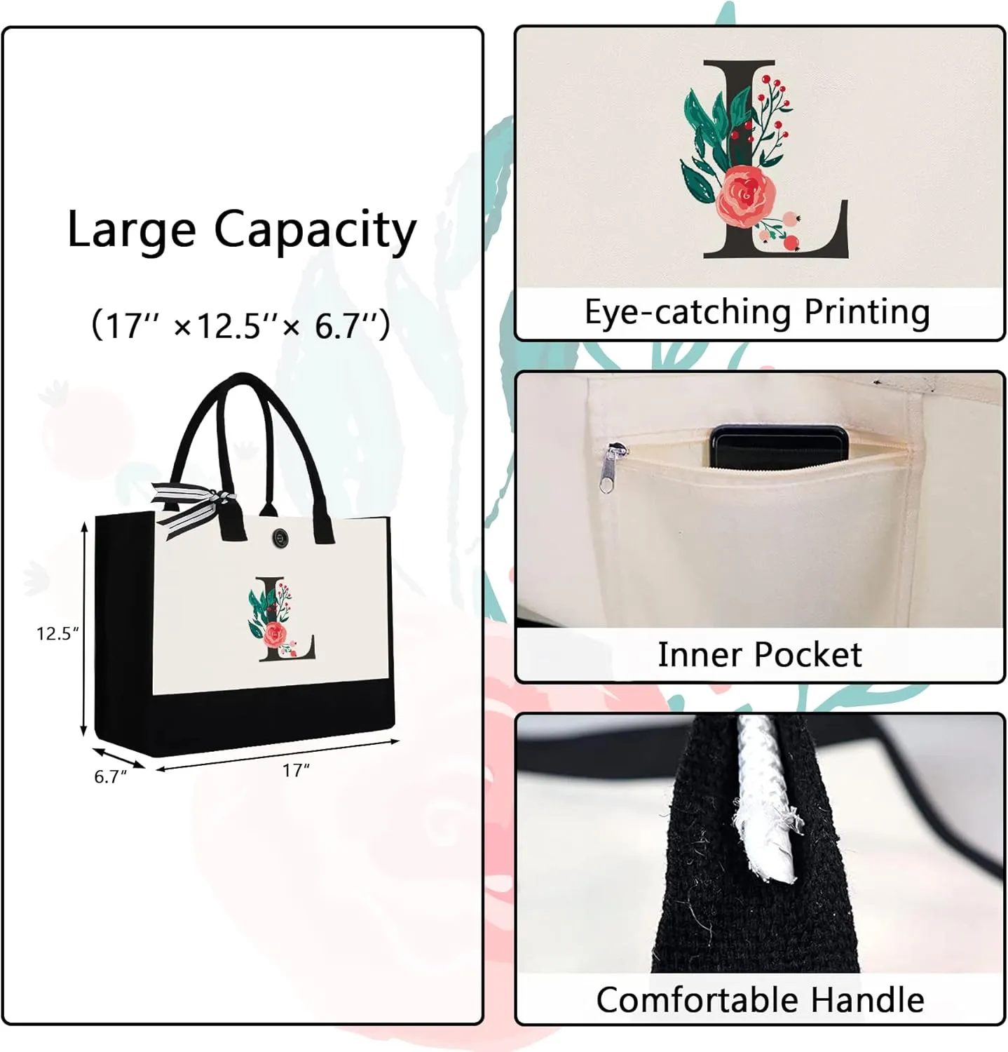 Initial Canvas Tote Bag, Personalized Birthday Gifts for Women Mom Friends Teachers, Monogrammed Tote Bags Suitable for Mother's Day Wedding Beach (Letter L)
