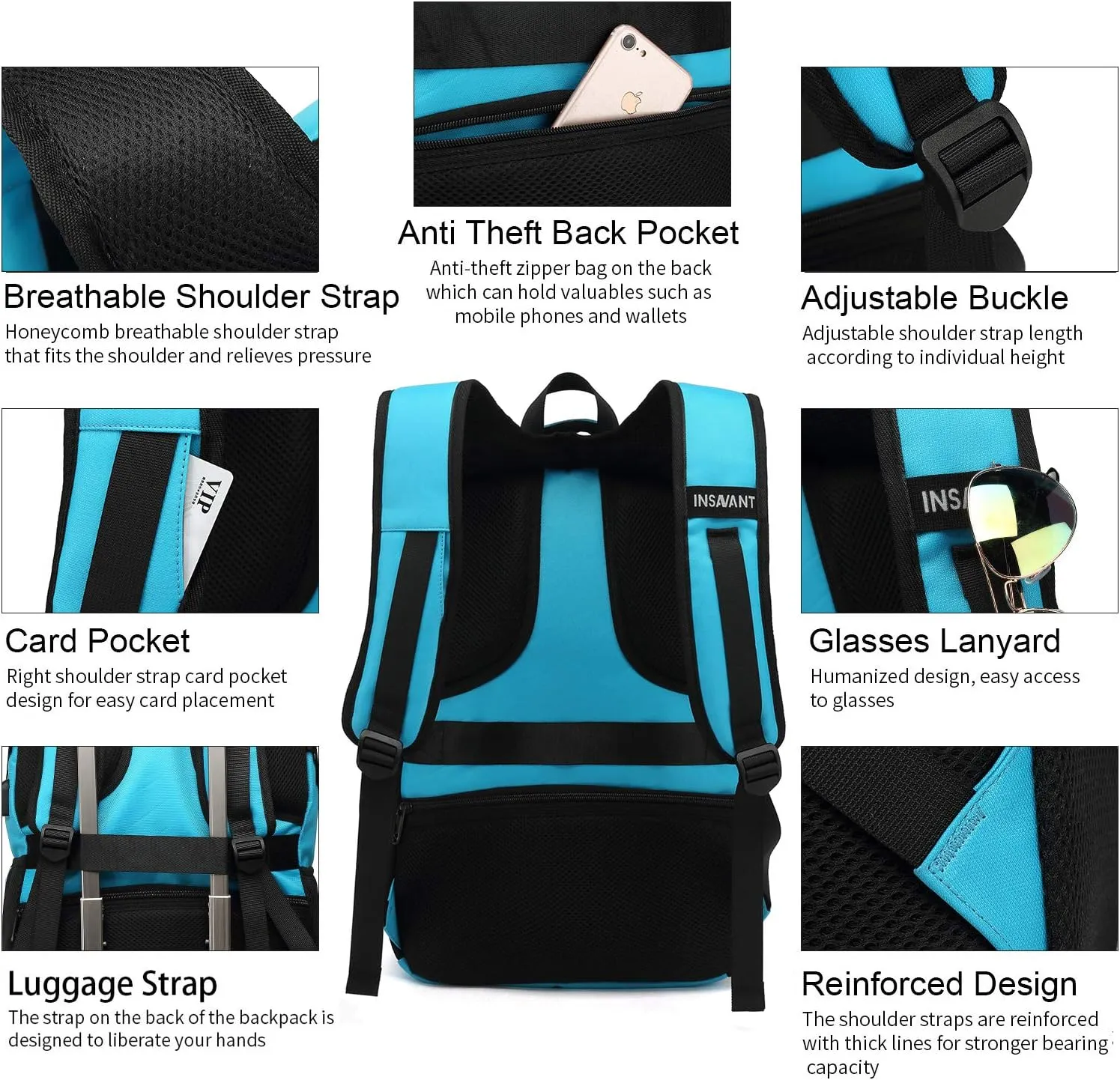 INSAVANT Laptop Backpack 15.6 Inch Water Resistant Backpacks Durable College Travel Daypack Anti Theft with USB Charging Port Best Gift for Men Women(15.6 Inch, Sky Blue)