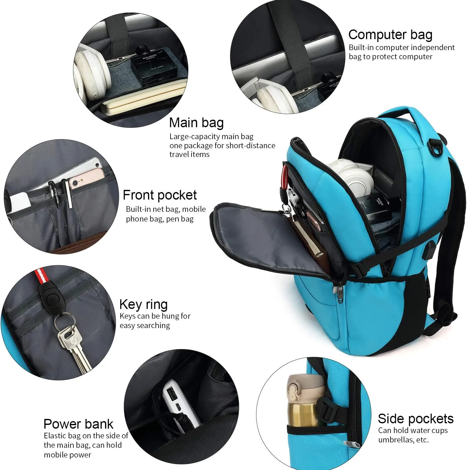INSAVANT Laptop Backpack 15.6 Inch Water Resistant Backpacks Durable College Travel Daypack Anti Theft with USB Charging Port Best Gift for Men Women(15.6 Inch, Sky Blue)