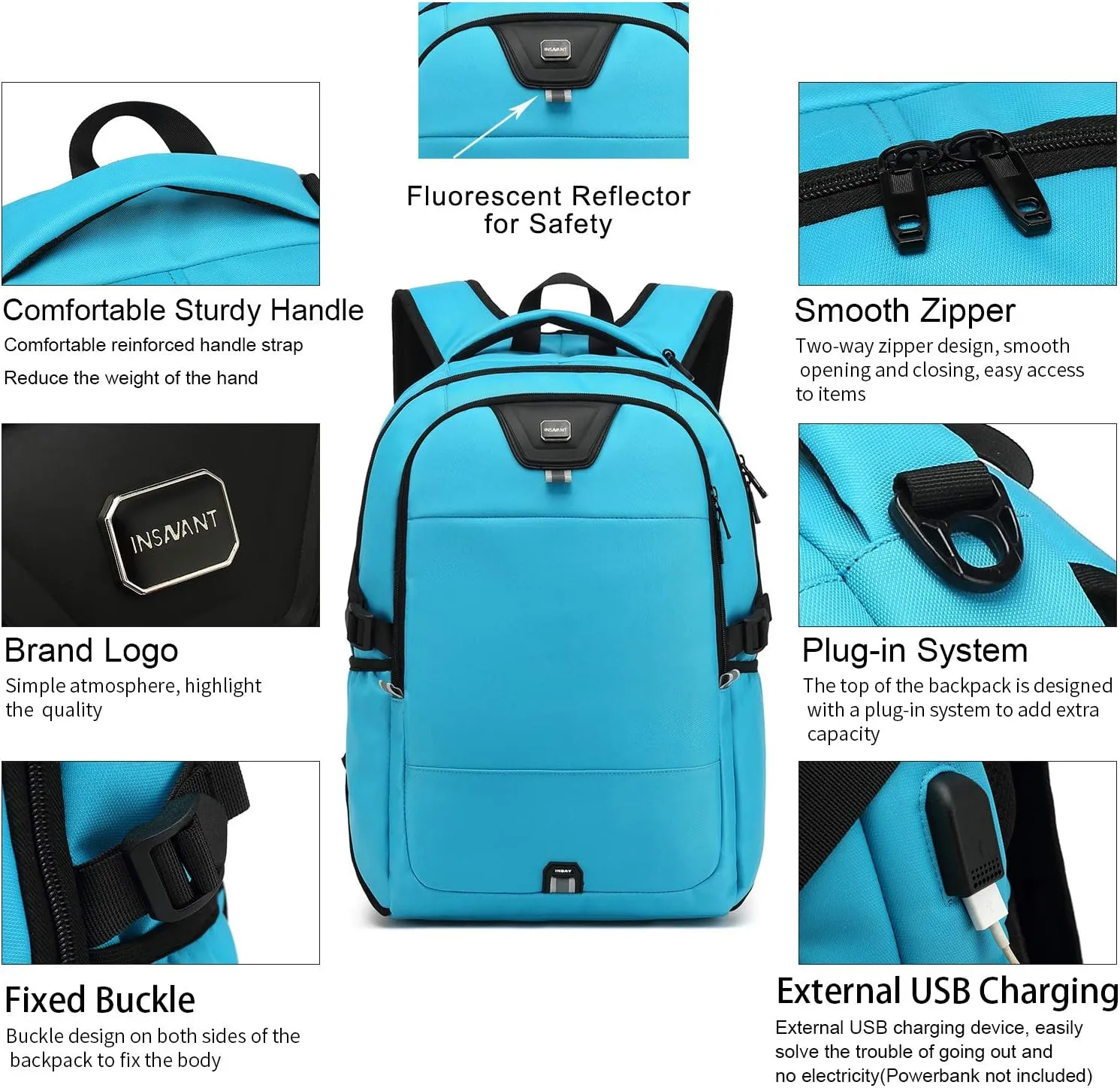 INSAVANT Laptop Backpack 15.6 Inch Water Resistant Backpacks Durable College Travel Daypack Anti Theft with USB Charging Port Best Gift for Men Women(15.6 Inch, Sky Blue)