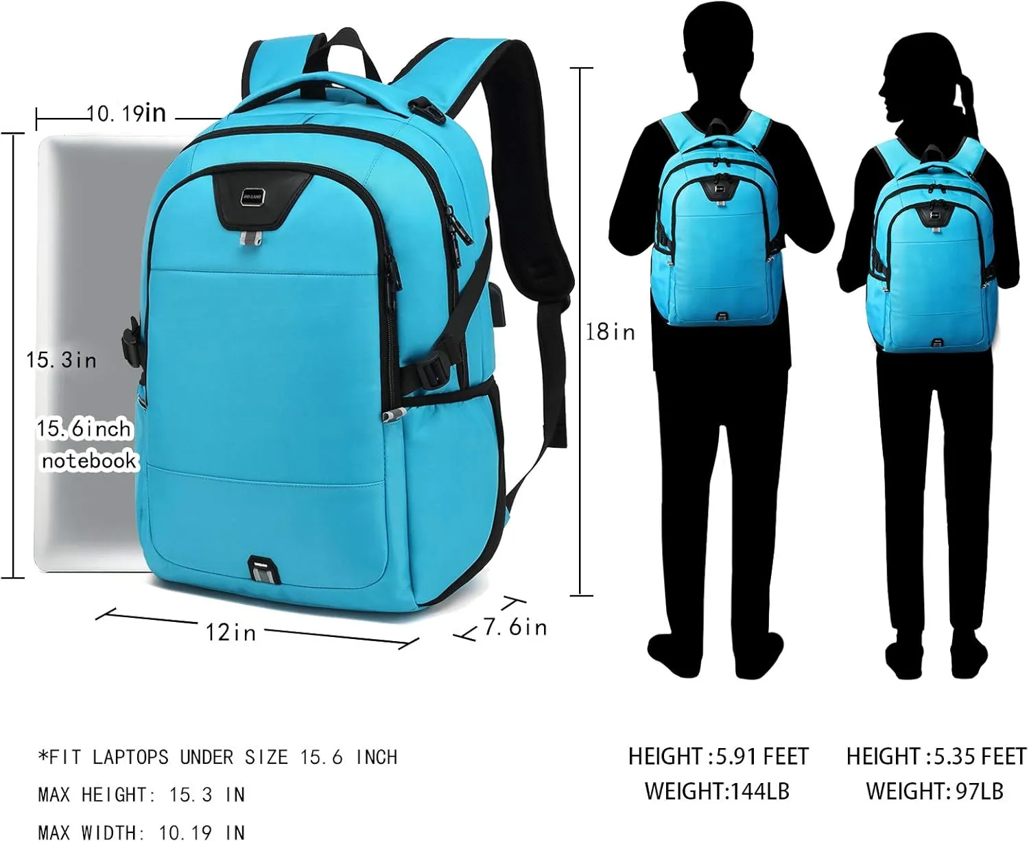 INSAVANT Laptop Backpack 15.6 Inch Water Resistant Backpacks Durable College Travel Daypack Anti Theft with USB Charging Port Best Gift for Men Women(15.6 Inch, Sky Blue)