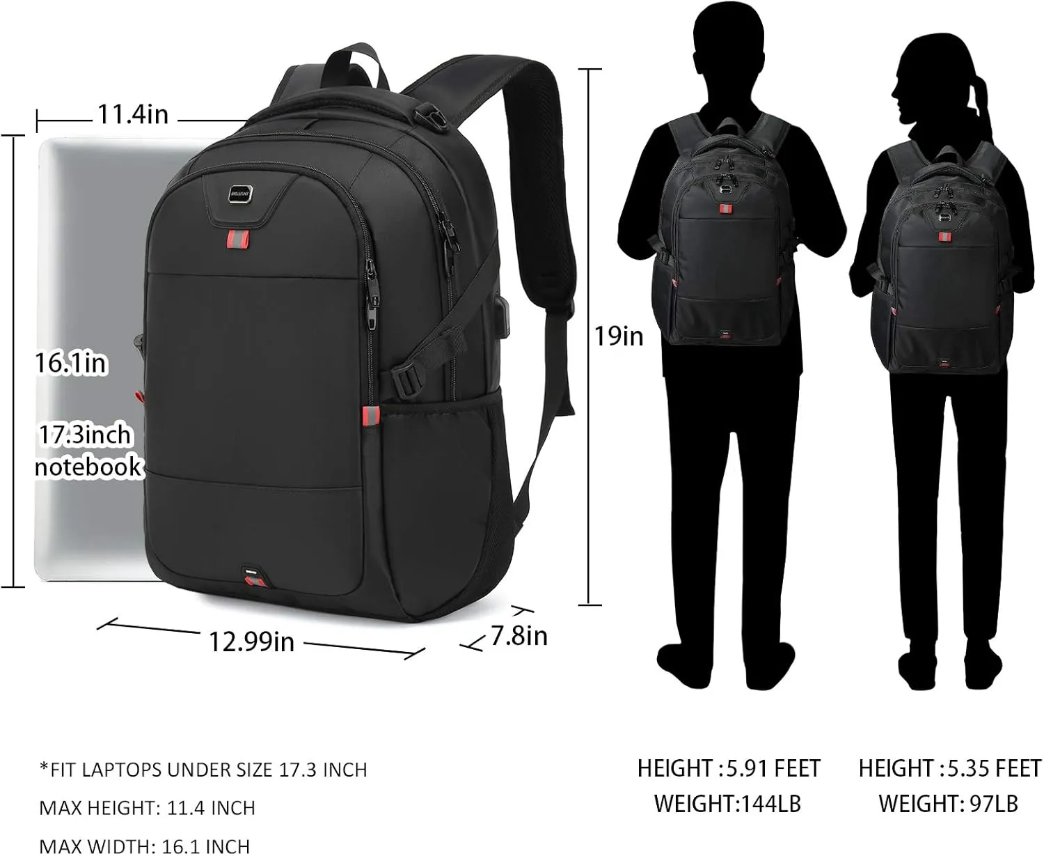 INSAVANT Laptop Backpack 17 Inch Water Resistant Backpacks Durable College Travel Daypack Anti Theft with USB Charging Port Best Gift for Men Women(17 Inch, Black)