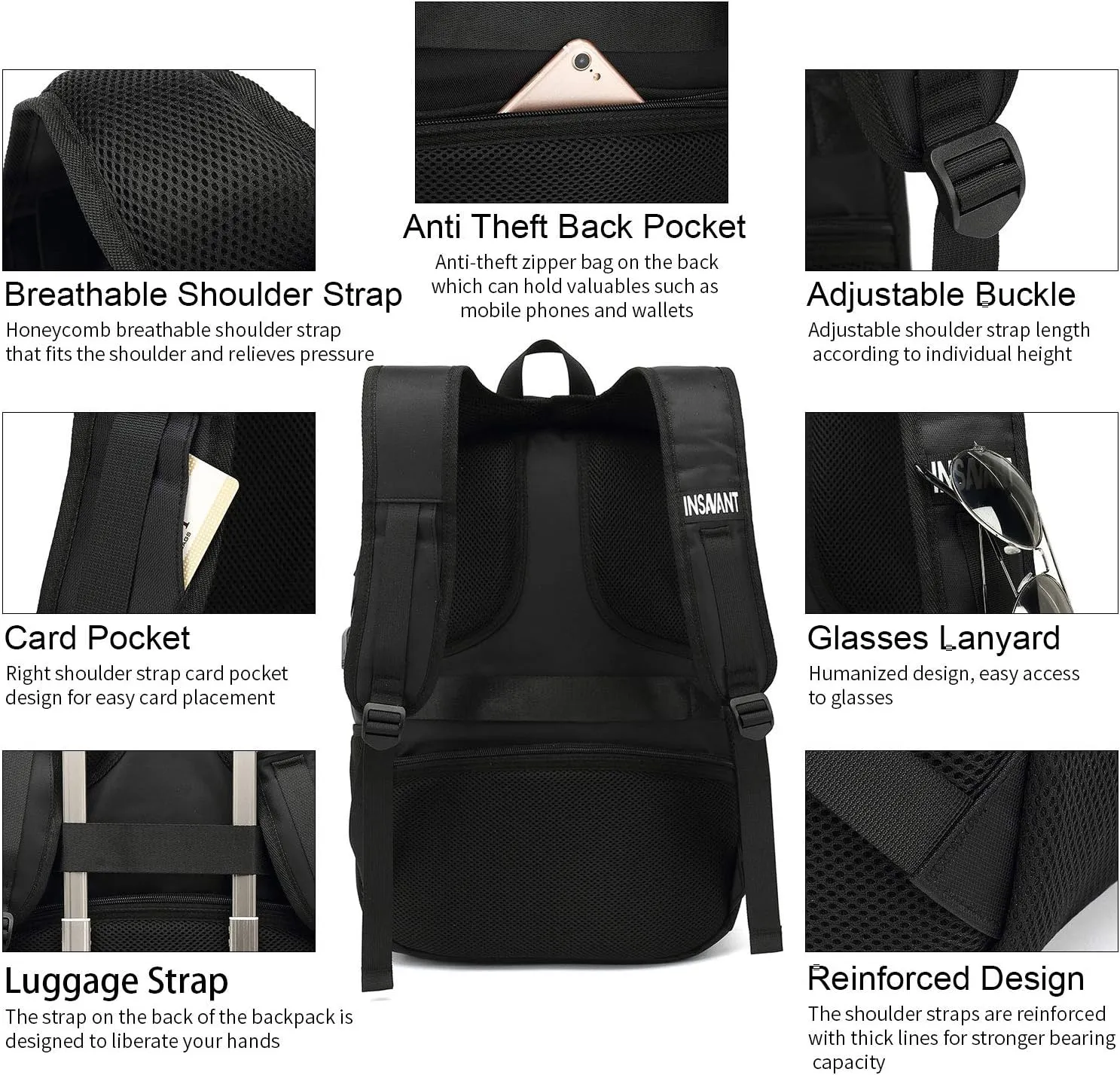INSAVANT Laptop Backpack 17 Inch Water Resistant Backpacks Durable College Travel Daypack Anti Theft with USB Charging Port Best Gift for Men Women(17 Inch, Black)
