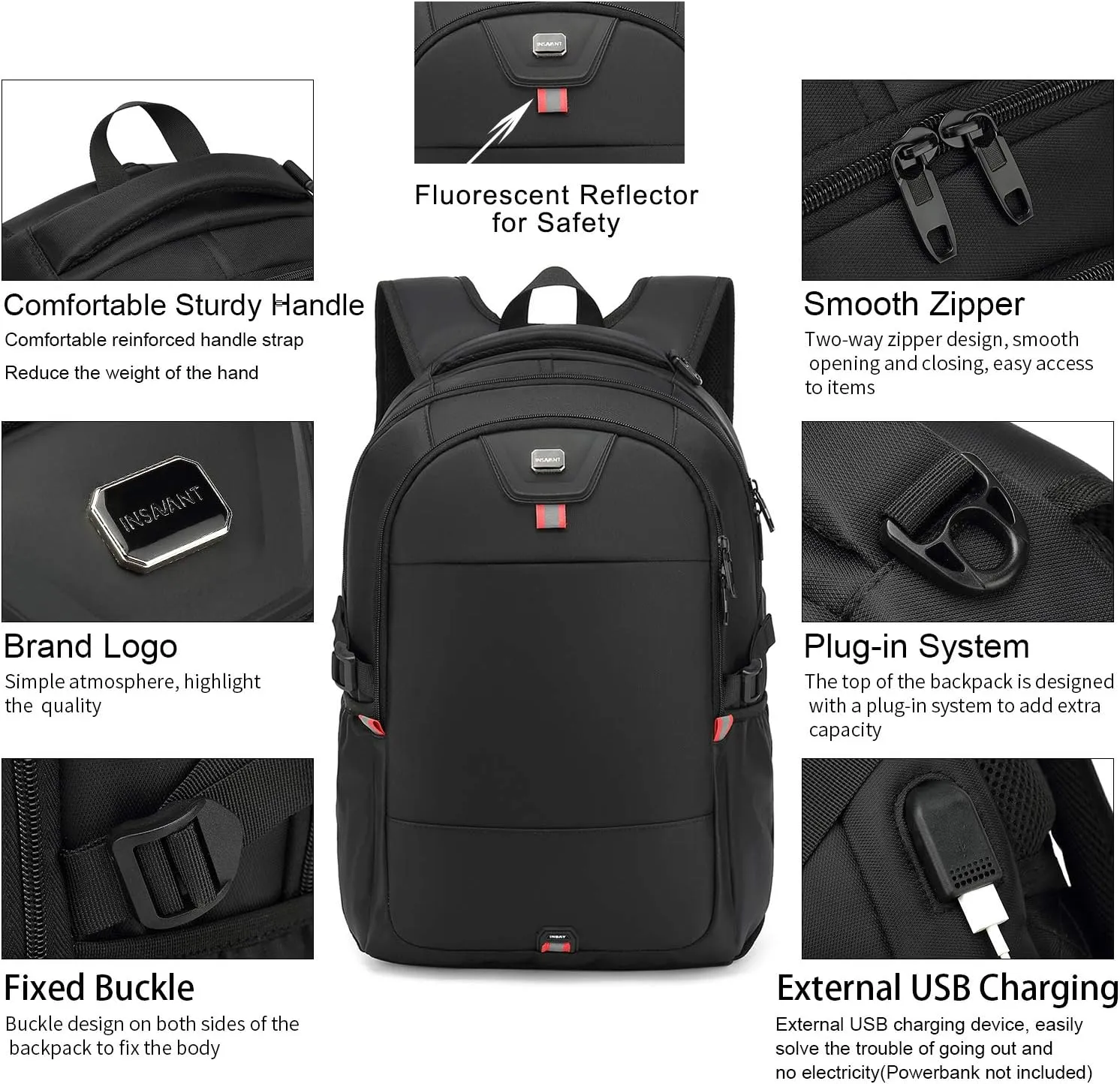 INSAVANT Laptop Backpack 17 Inch Water Resistant Backpacks Durable College Travel Daypack Anti Theft with USB Charging Port Best Gift for Men Women(17 Inch, Black)